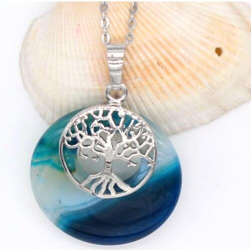100-Unique Trendy 1 Pcs Silver Plated Round Hollow Stripe Blue Agates Pendant Tree of Life Necklace