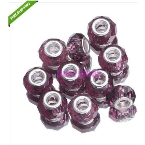 Free Shipping 50pcs Purple Cut &Faceted Glass Beads Big Hole Fit European Charms Bracelet 14x8mm
