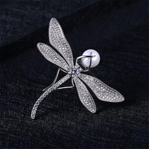 Okily Dragonfly Brooch With Zircon Pearl Animal Brooches for Ladies Clothes Fashion Jewelry Brooch Decoration