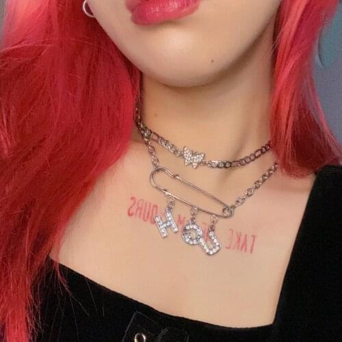 Butterfly Clavicle Chain Necklace Pin Letter Pendant Necklace for Women Y2K Punk Vintage Fashion Simple Necklace Jewelry Gifts