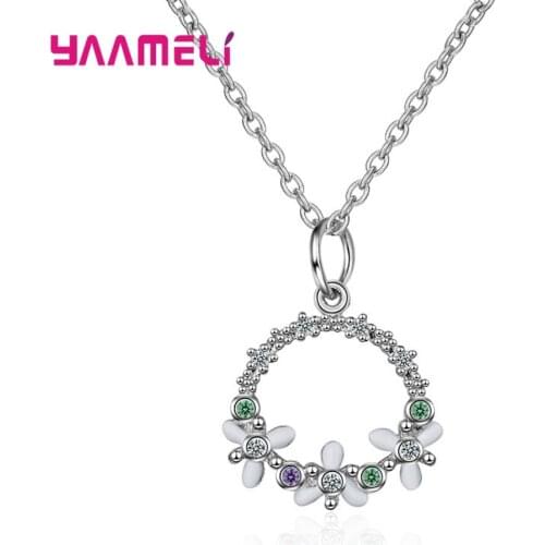 925 Sterling Silver Round Garland Flower Pendant Chain Necklace for Women Engagement Gift Colorful Cubic Zirconia Jewelry