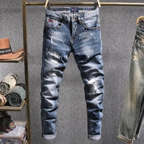 Italian Style Fashion Men Jeans Retro Blue Slim Fit Elastic Ripped Jeans Men Destroyed Patchwork Denim Pants Hip Hop Jeans Homme