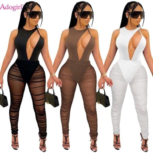 Adogirl Pleated Sheer Mesh Patchwork Women Sexy Jumpsuit Hollow Out Sleeveless Bodysuit One Piece Stacked Trousers Club Overalls