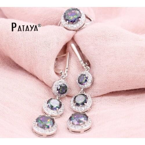 PATAYA Round Rainbow Nigerian Wedding Jewelry Set True White Gold Crystal Three Circles Long Earrings Ring Bride Turkish Jewelry