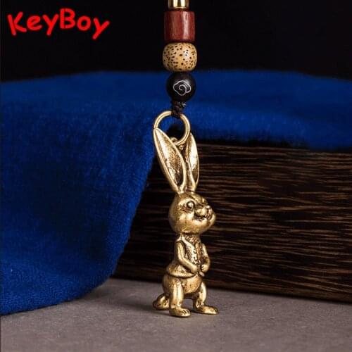 Zodiac Animal Rabbit Figurines Brass Car Keychain Pendants Vintage DIY Lanyard Hanging Jewelry Women Men Keyring Decoration Gift