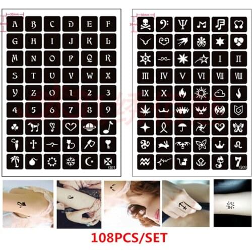 108pcs/set Reusable Henna Stencils for Body Painting Airbrush Stencil English Letters Number Cat Skull Glitter Tattoo Stencil