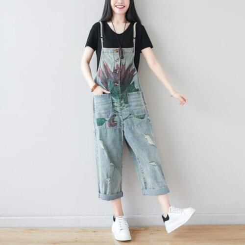Fashion Single-breasted Stitching Printed Loose Casual Denim Jumpsuit Retro Distressed Washed Hole Straight Jeans