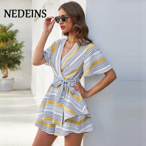 NEDEINS Women Print Sexy V-neck Backless Dress 2020 Summer Party Mini Rompers Dress Striped Receive Waist Dresses