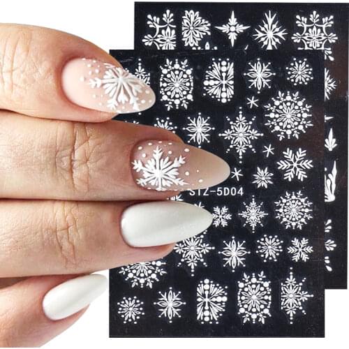 New Year 5D Nail Stickers White Snow Embossed Flowers Decals Slider Christmas Manicure Nail Art Design Accesorios NFSTZ5D01-08