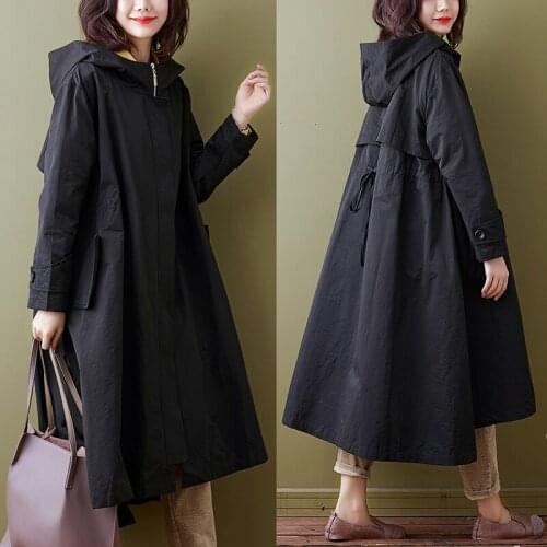 Autumn black trench coat new loose large size hooded waist British mid-length over-the-knee solid color windbreaker D148