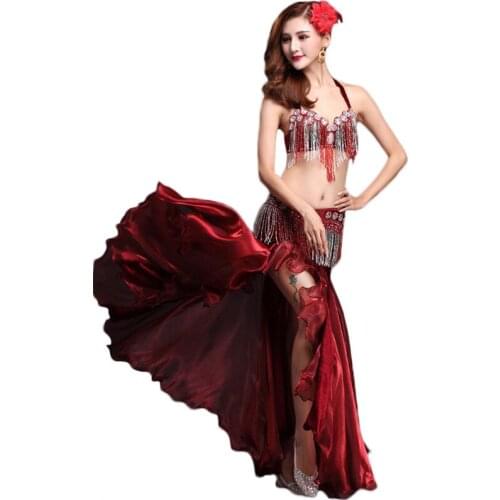 Performance Oriental Belly Dancing Clothes 3-piece Suit Bead Bra, Belt & Skirt Belly Dance Costume Set