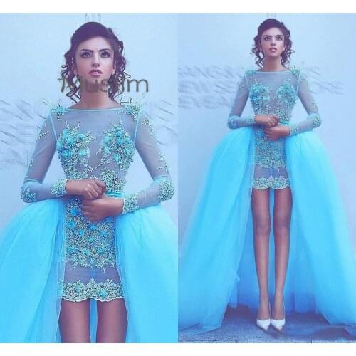 Sexy Blue Short Prom Dresses With Flowers See Through Detachable Train Long Sleeve Evening Dress 2021 Lace Beaded Formal Dresses