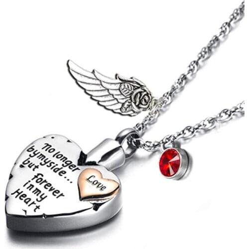 Heart Cremation Urn Necklace for Ashes Angel Wing Pendant Jewelry and Birthstones No Longer by My Side But Forever in My Heart