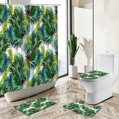 Tropical Green Plants Flower Shower Curtain Summer Palm Leaves European Exotic Bathroom Decor Home Rug Toilet Cover Bath Mat Set