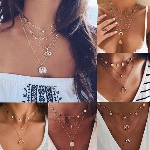 VKME Vintage Multilayer Pendant Necklace For Women Bohemian 2019 New Gold Round Heart Moon Star Choker Necklace Trendy Jewelry