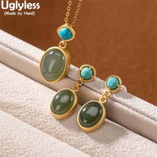 Uglyless Simple Geometric Oval Jade Jewelry Sets for Women Natural Gemstones Earrings Necklaces +Chains Turquoise Studs Pendants