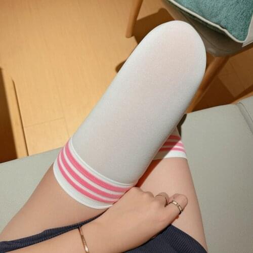 Womens Sexy White Velvet Over-The-Knee Socks Lolita Pink Stripes Fashion Stockings 65CM Silky Thigh High Socks Preppy Style