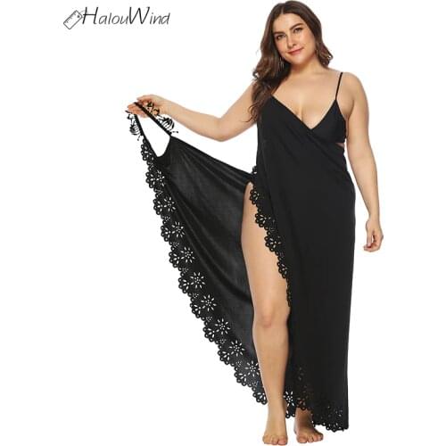 Plus Size L-4XL Women Tassel Lace Hollow Out Edge Cover Dress Up Summer Beach Sunscreen Wrap Dress Backless Irregular Maxi Dress