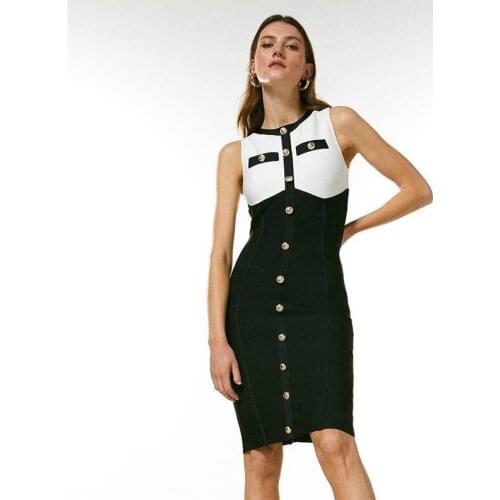 New Arrivals Sleeveless Bandage Dress Women Round Neck Button Sheath Knee-Length Vestidos Summer Patchwork Sexy Woman Dresses