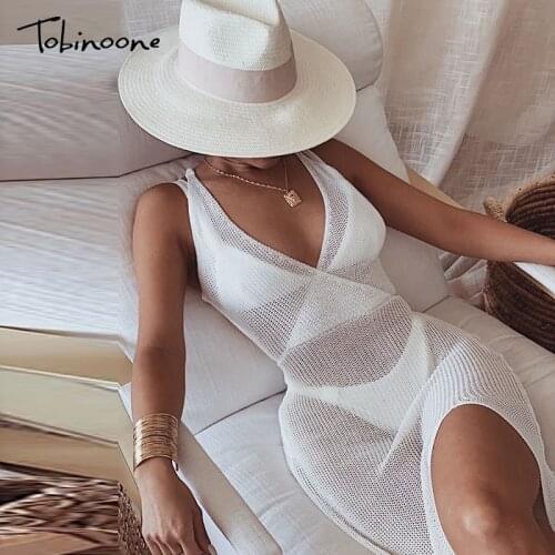 Tobinoone Hollow Out V-neck Slit Sexy Dress Women Lace Up Sleeveless Backless Bodycon Maxi Long Dresses High Waist Party Robes