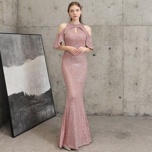 Partysix New Summer Gold Sequin Evening Dress Hollow Out Elegant Off Shoulder Party Maxi Dress
