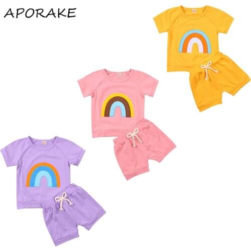 2021 0-5Y Toddler Baby Girl Summer Tracksuits Rainbow Print O-Neck Short Sleeves T-Shirt+Ruffled Shorts 2pcs Pink/Yellow/Purple