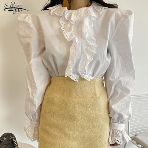 2021 Spring Oversized Loose Shirts for Women Vinatge White Blouse Women Tops Ruffles Petal Sleeve Casual Womens Blouses 13268