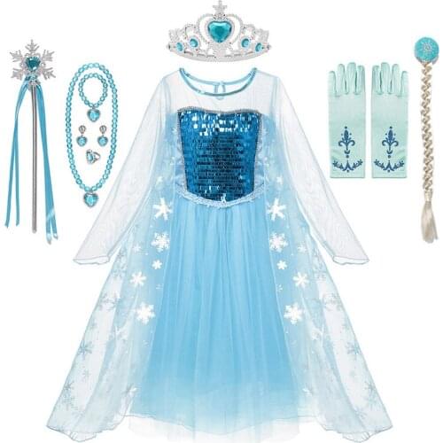 Girls Pirncess Elsa Cosplay Dresses Sequin Party Birthday Costum for Kids Baby with Snowflake Big Cloak 2-10T