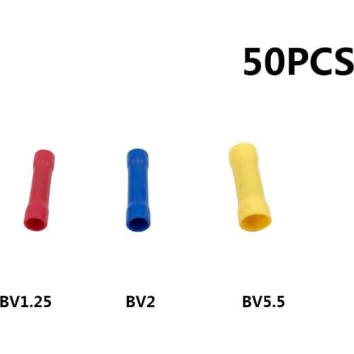 Insulated Butt Wire Connector 50pcs BV1.25 BV2 BV5.5 Electrical Crimp Terminals Block Premium Solderless Brass Red Blue Yellow