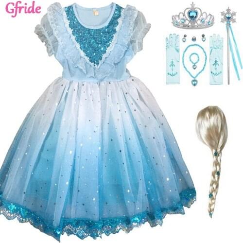 Girls snow queen Costume With Grown Wands Gloves Elza Sequin Ruffle Lace Tutu Dress And Cloak Kids Fancy Party Dresses