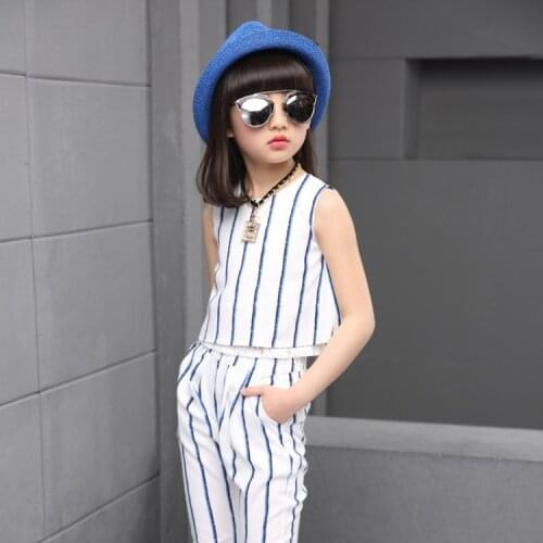 Hot 2020 Summer Girls Fashion Vertical Striped Chiffon Vest Set Female Kids Lace Spliced Clothes Suit Childrens Wear 2 Pcs X326