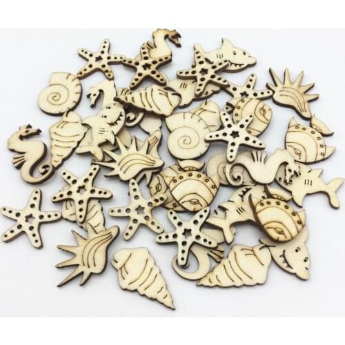 50pcs Natural Wood Marine Lifes Mixed Seahorse Conch Starfish Shark Slices Decorations DIY Embellishments Baby Shower Crafts