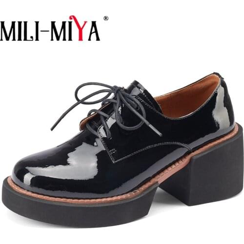 MILI-MIYA Spring Autumn Patent Cow Leather Women Pumps Fashion Round Toe Lace Up Chunky Heel Platform Solid Office Ladies Shoes