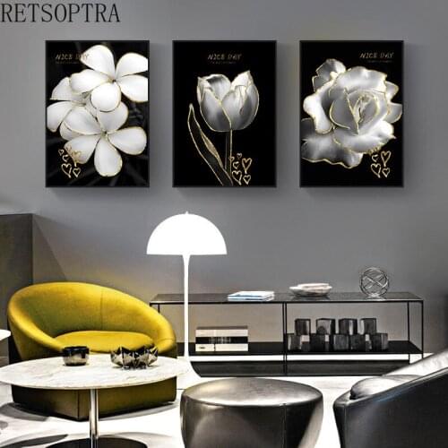 Fashion Canvas Poster black backgroud white flower golden style wall Art Print Painting Picture Modern Room Decoration