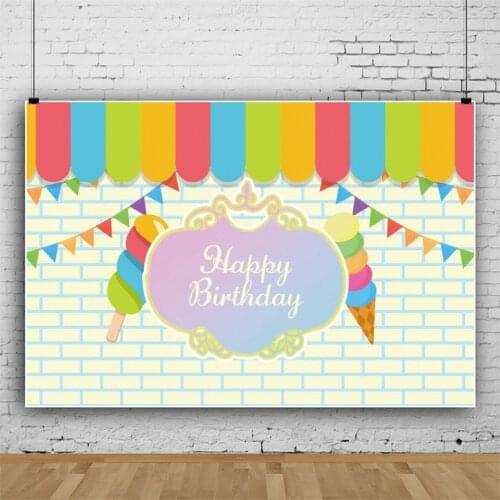 Cartoon Colorful Hanging Flag Ice Cream Girls Cake Photography Backdrops Photocall Birthday Party Background Studio Shoot