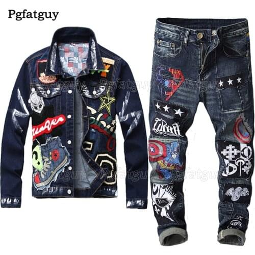 2020 Autumn Mens Jeans Sets Beauty Badge Paint Denim Jacket + Embroidery Captain Badge Stitching Stretch Jeans Male 2 Piece Set