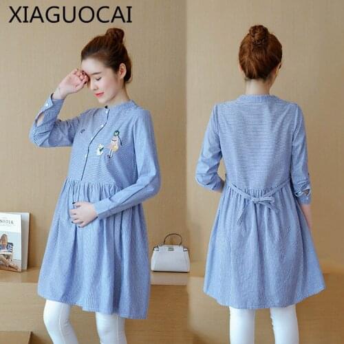 New Arrivals Maternity Dress Pregnant woman Clothing Clothes Button Round neck Lovely Skirt Pink Blue Loose Long Dresses C13 10