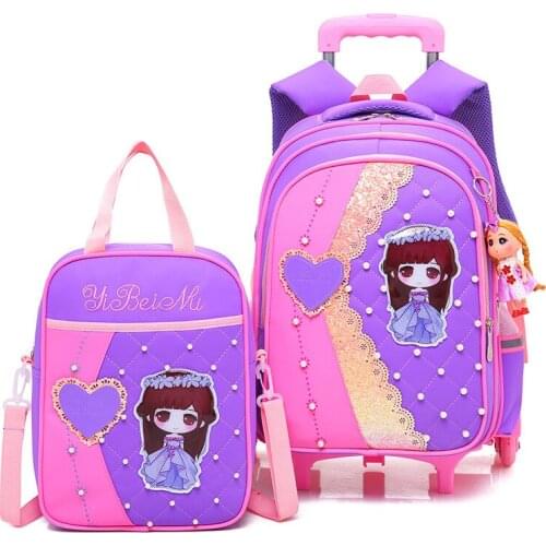 Teenagers Trolley School Bags Girls waterproof larger capacity Backpacks three Wheeled School Bag Set Kids Pearl lace Luggage