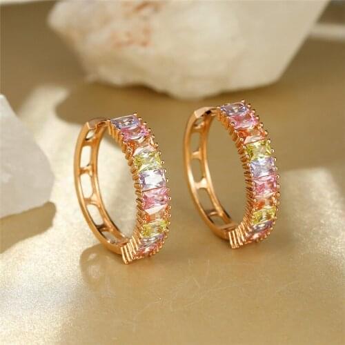 Luxury Female Crystal Round Hoop Earrings Charm Rose Gold Color Wedding Earrings Cute Rainbow Earrings For Women