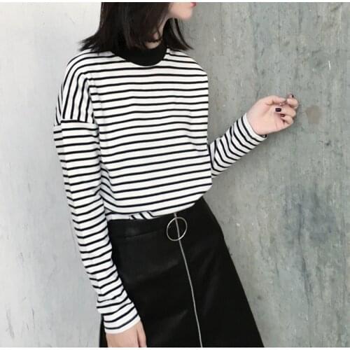 2021 Autumn Women T Shirt Fashion Clothing Lady O Neck T-Shirt Causal Black White Strip Long Sleeve Top For Female