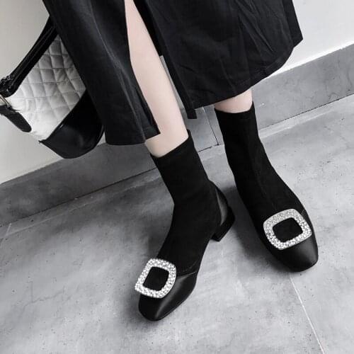Hot Sale NEW Womens Boots Square Toe Yarn Elastic Ankle Thick Heel Shoes Female Socks Metal Decoration Boots 2021 Spring