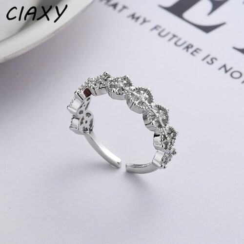 CIAXY 925 Sterling Silver Geometric Square Zircon Rings for Women Personality Hollow Cross Open Ring Korean Fashion Jewelry Gift