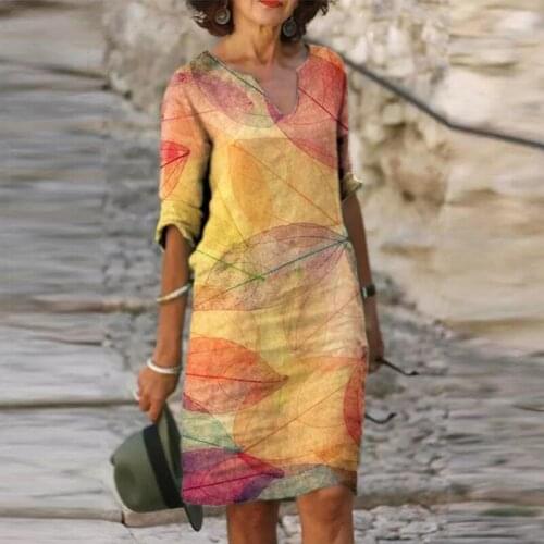 S-3XL 20Colors Retro Printing V-Neck Half Sleeve A-Line Knee-Length Dress Women Summer Outdoor Travel shopping Party Skirt