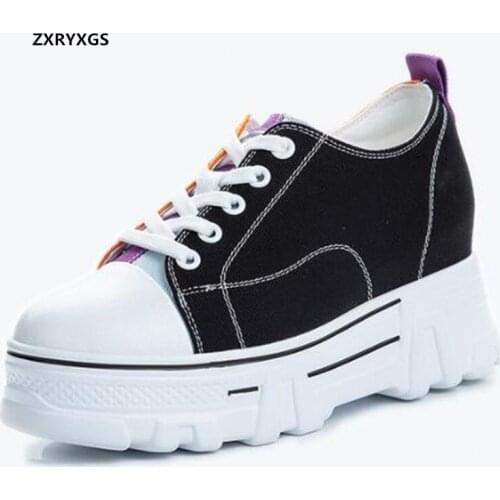 ZXRYXGS 2020 Canvas Cowhide Splicing Mixed Colors Women Sneakers Shoes Platform Increased Within High Heels Fashion Casual Shoes
