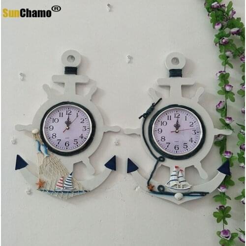 Summer Marine Wooden Wall Clock Mediterranean Style Rudder Anchor Home Decor Hanging Clocks Decoration Mute Wood Digital Watch