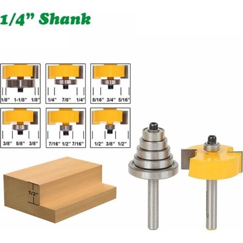 2PC/Set 1/4" 6.35MM Shank Milling Cutter Wood Carving Rabbet Router Bit with 6 Bearings Set Adjustable Tenon Cemented Carbide