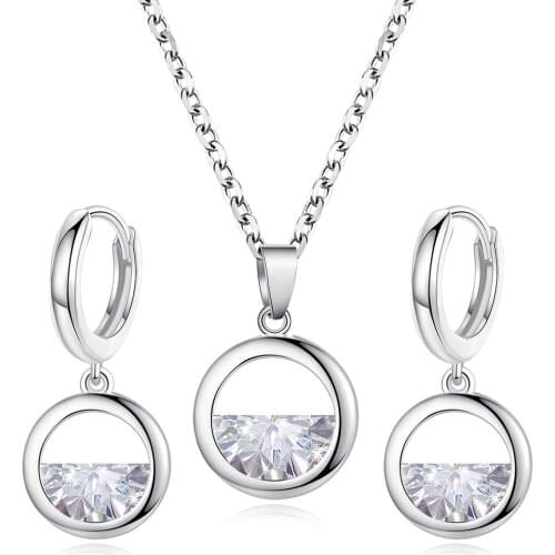Women Cubic Zirconia Hollow Round Pendant Necklace Earrings Gift Sterling Silver Jewelry Sets Round Shaped Zircon Water Drop