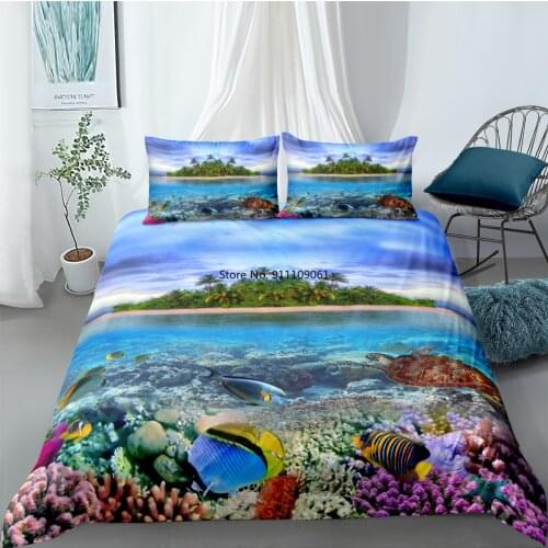 Colorful Underwater World and Blue Sky Bedding Sets Queen Size 3d The Marine Organism Print Duvet Cover and Pillowcase Bed Set