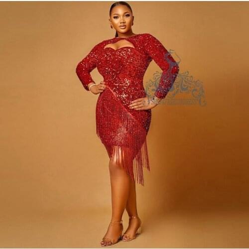 Pretty Red Sequins Mermaid Cocktail Dress Plus Size Sparking Tassel Knee Length Evening Prom Dress Abendkleid Vestido De Festa