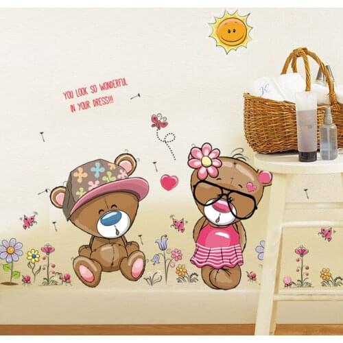 Cute animal Rose love Flower bear Butterfly wall mural baby kids bedroom decoration wall stickers kids nursery sticker girl gift